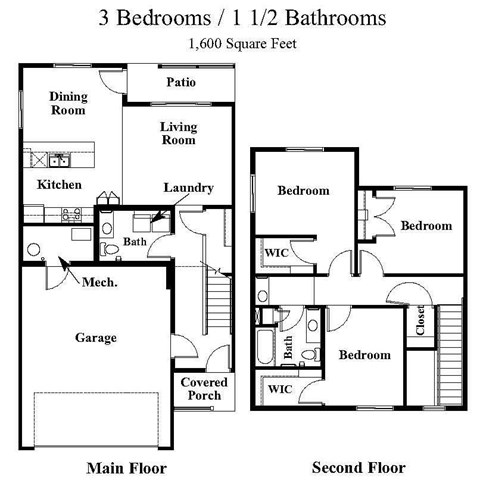 A floor plan of a 1,600 square foot home with 3 bedrooms and 1 1/2 bathrooms.